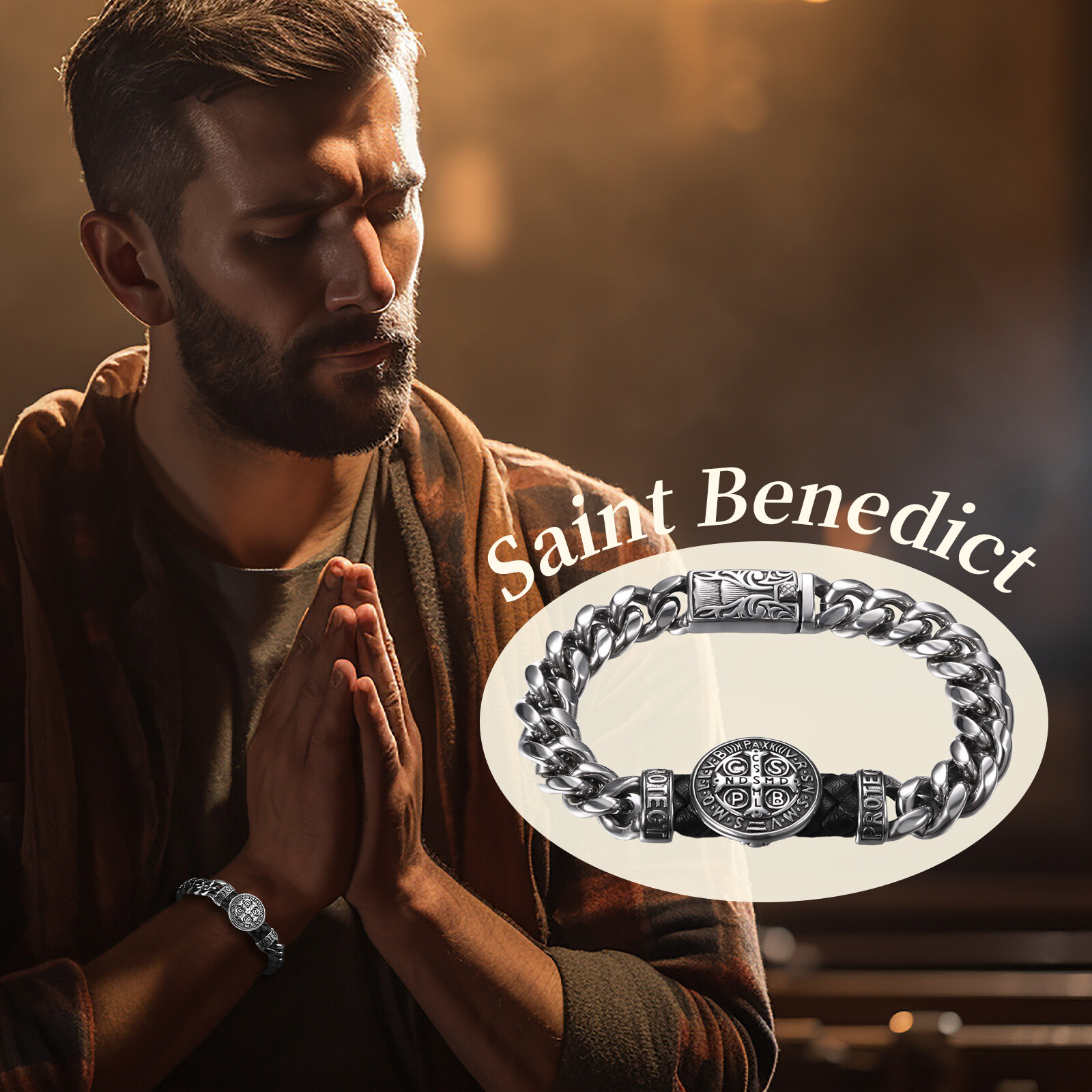 Men’s Catholic St Benedict Medal Bracelet Stainless Steel Heavy Cuban Link Chain