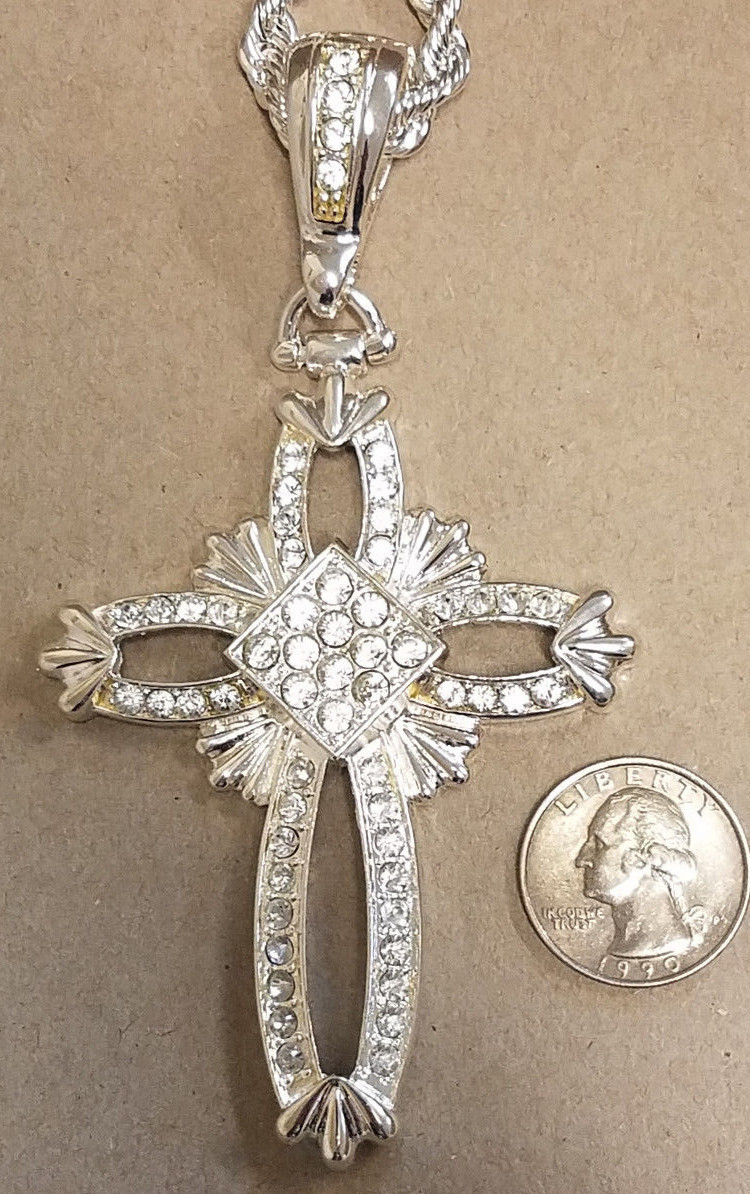 Men’s Silver Plated 30in Long 7mm Wide Rope Chain & Large Open CZ Cross Charm