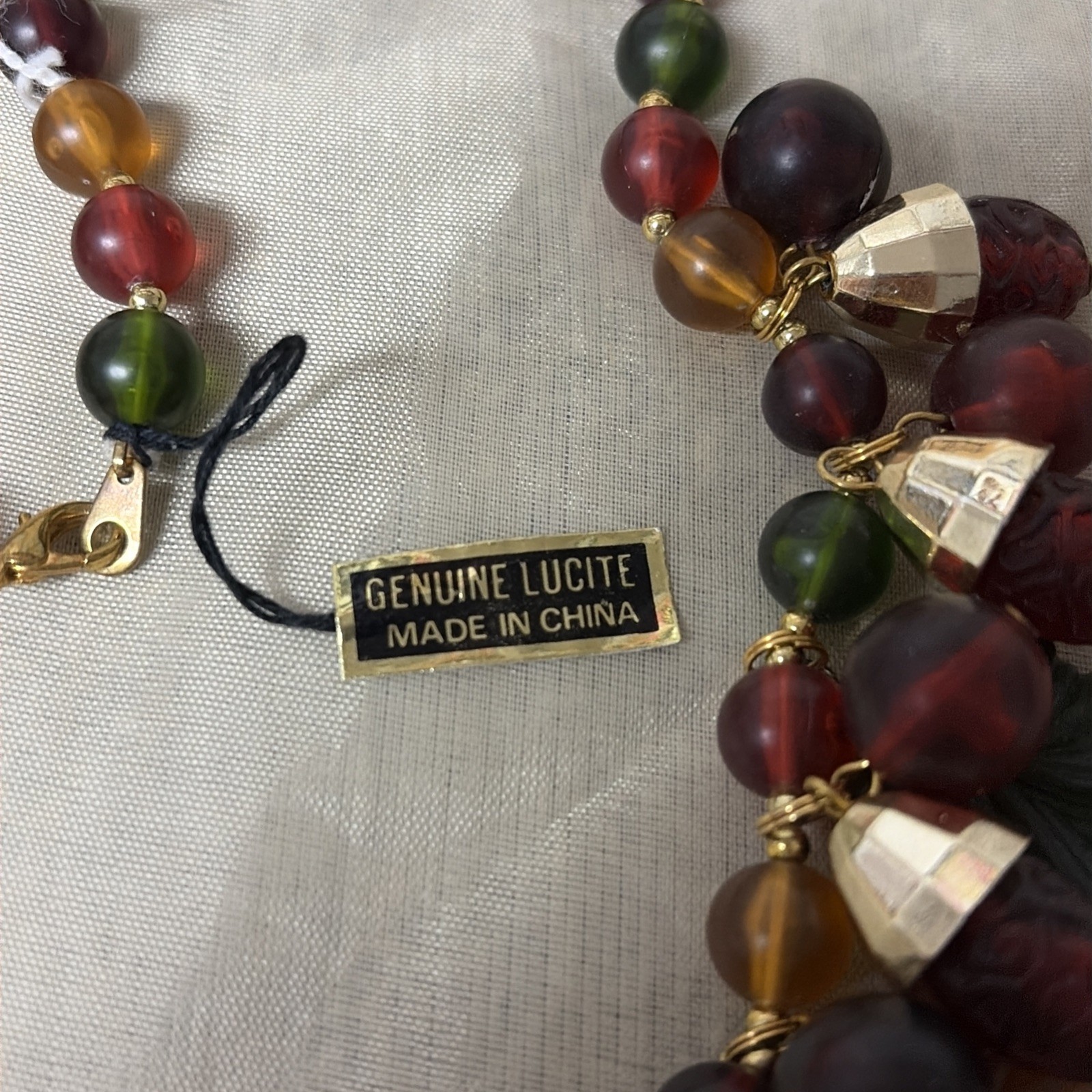Vtg NWT Lucite Necklace Red Green Orange Brown Necklace Autumn Fall Leaves Acorn