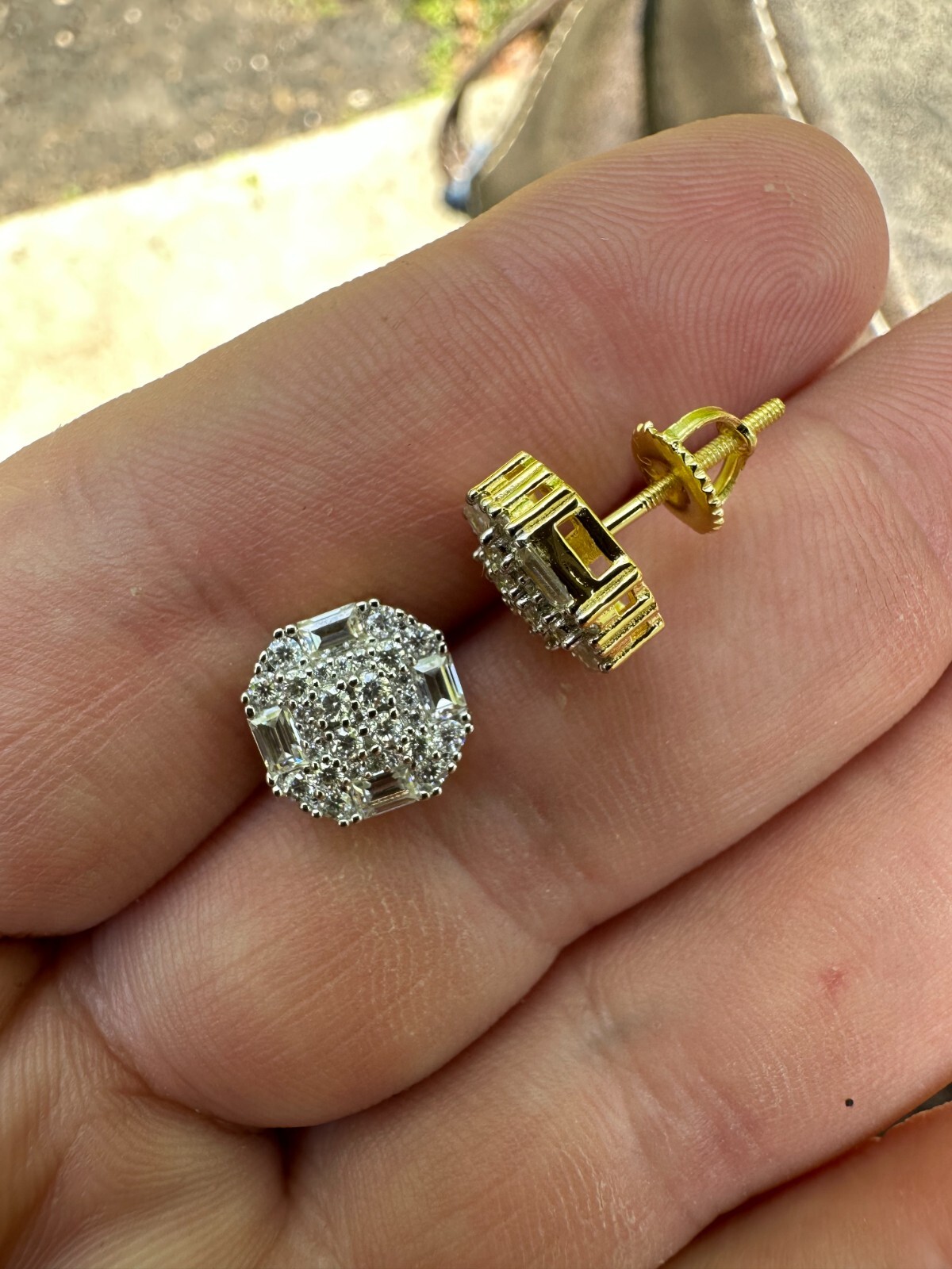 Screwback Earrings Real 14k Gold Plated 925 Silver CZ Baguette Iced Studs HipHop