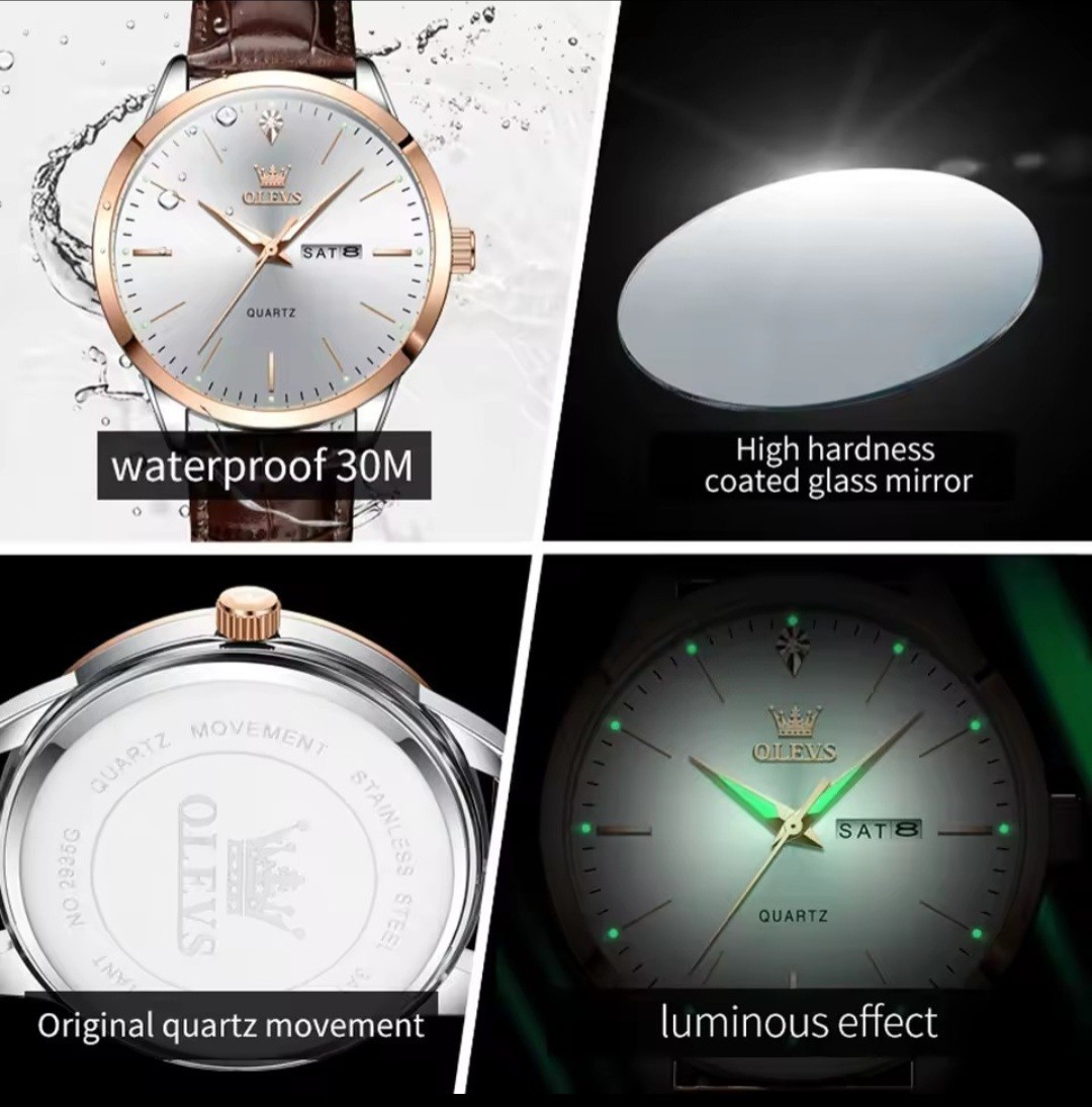 OLEVS Men’s Watch Quartz Waterproof Brown Leather Band White dial gold bezel