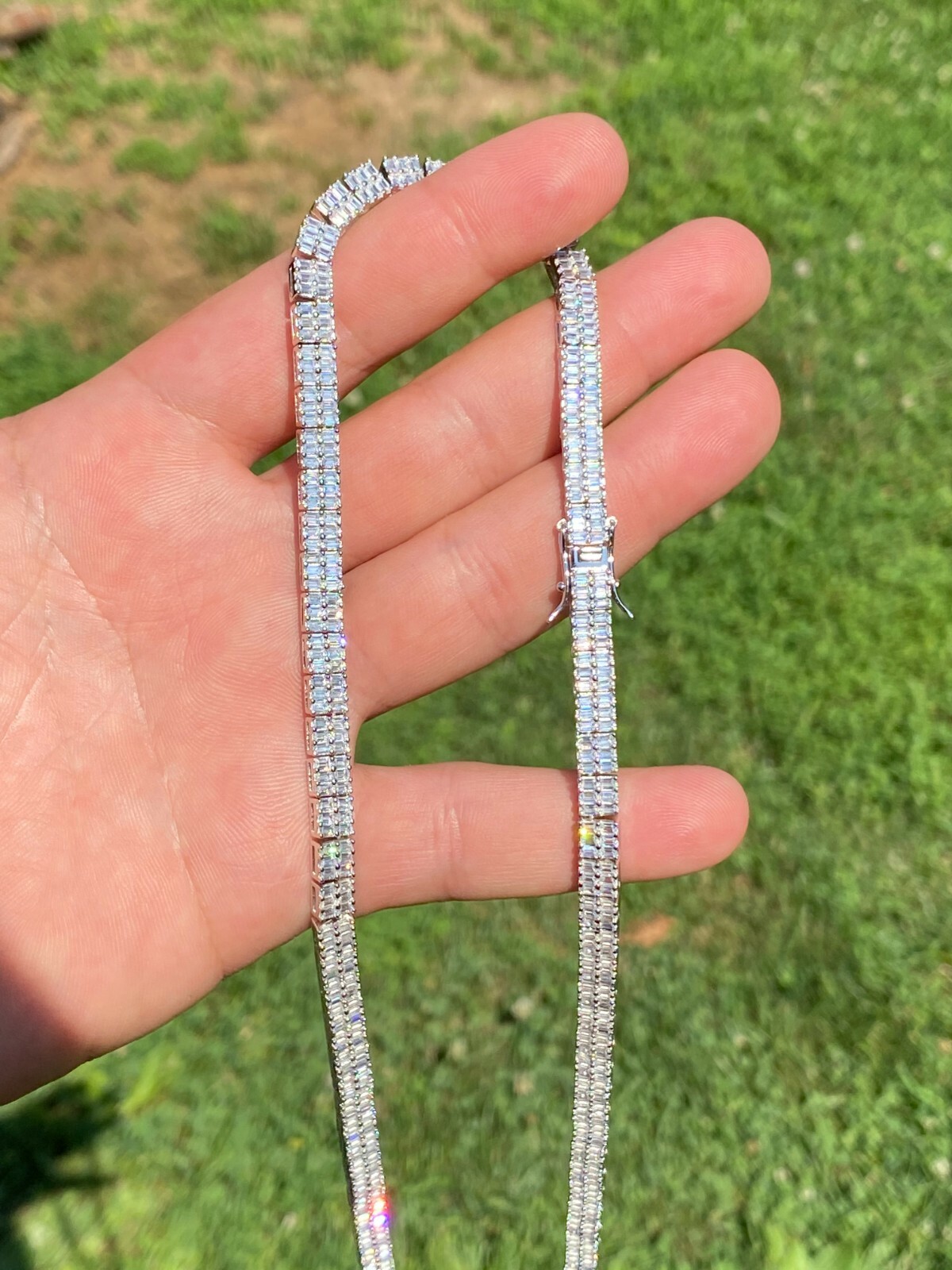 SOLID 925 Sterling Silver Baguette Tennis Chain ICED CZ Necklace 5mm Hip Hop