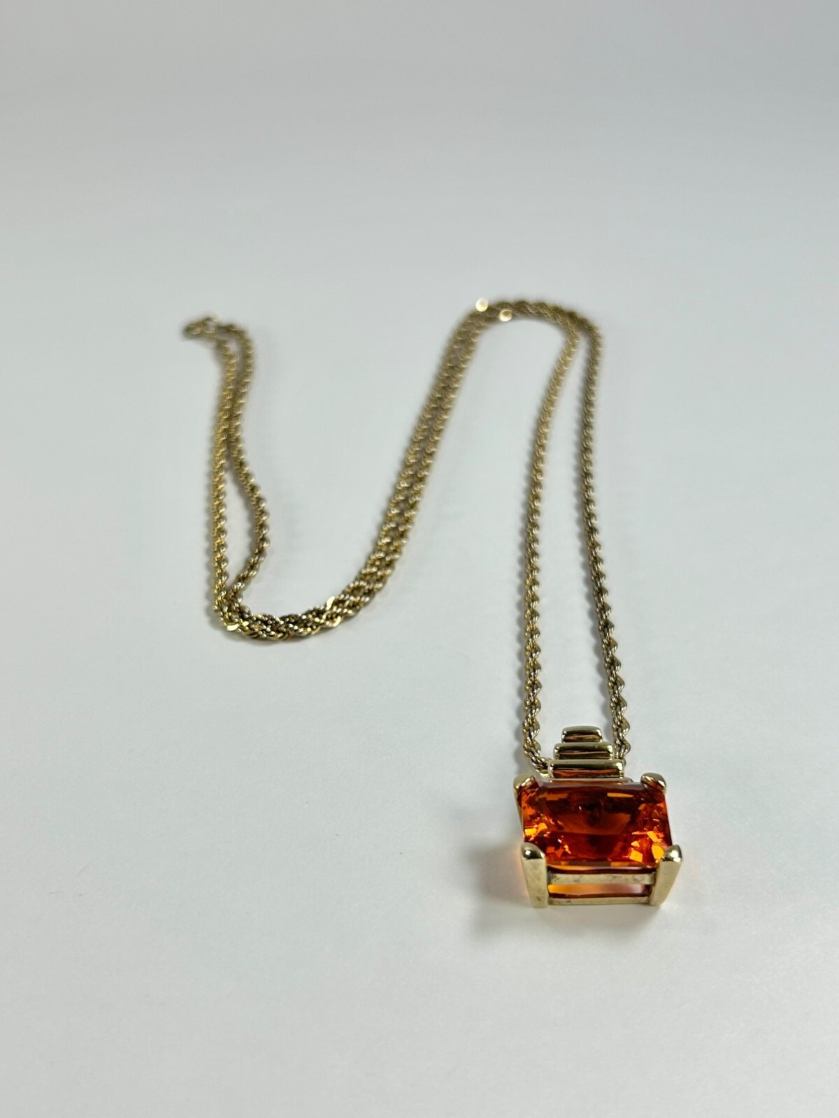 925 Sterling Silver Gold Vermeil Chain Necklace Orange Glass Pendant Statement