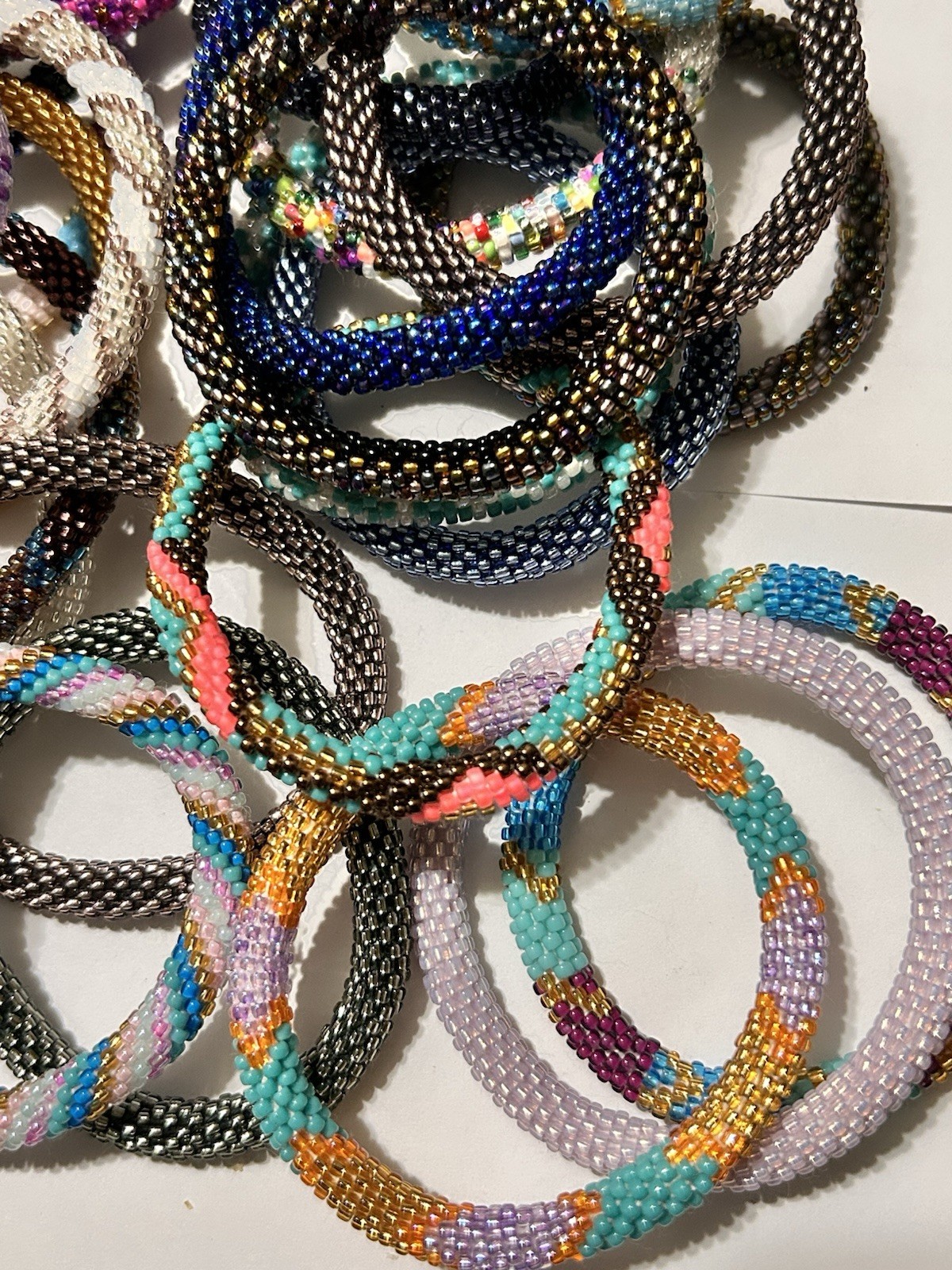 3 Sashka Co Nepalese Roll On Crochet Glass Bead Bracelets Original Size, Random
