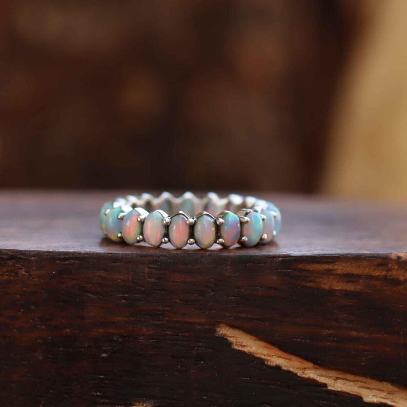 Fire Opal Eternity Ring, 925 Sterling Silver Wedding Ring, Opal Engagement Ring