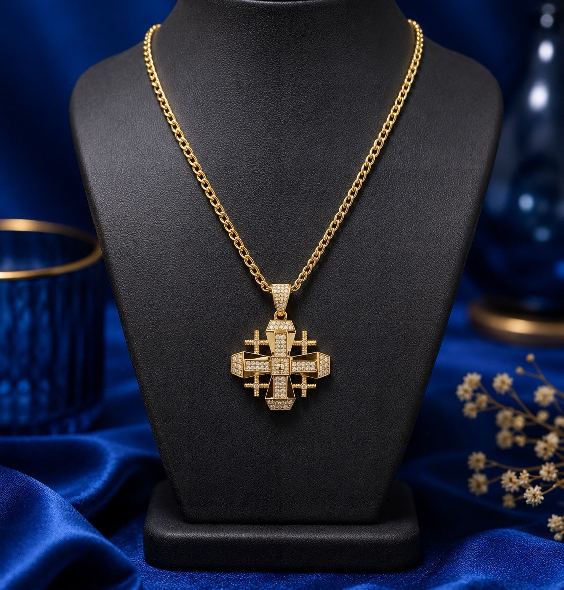 Yellow Gold Plated Curb Chain Cross Charm Necklace Clear Rhinestone Pavé