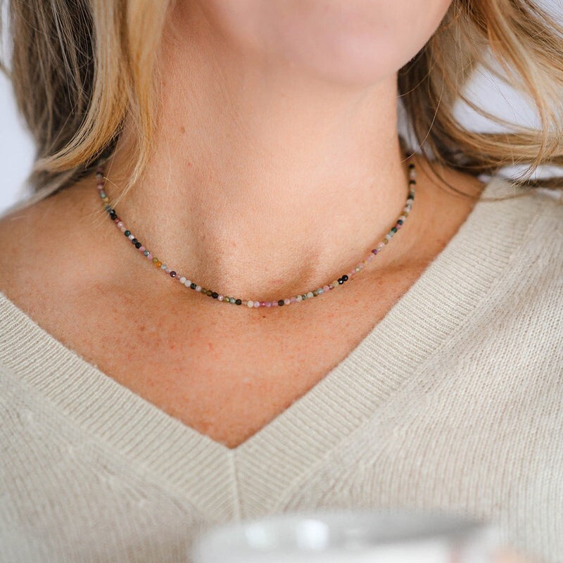 Natural Multicolor Tourmaline Beads Dainty Choker Gemstone Crystal Necklace Gift