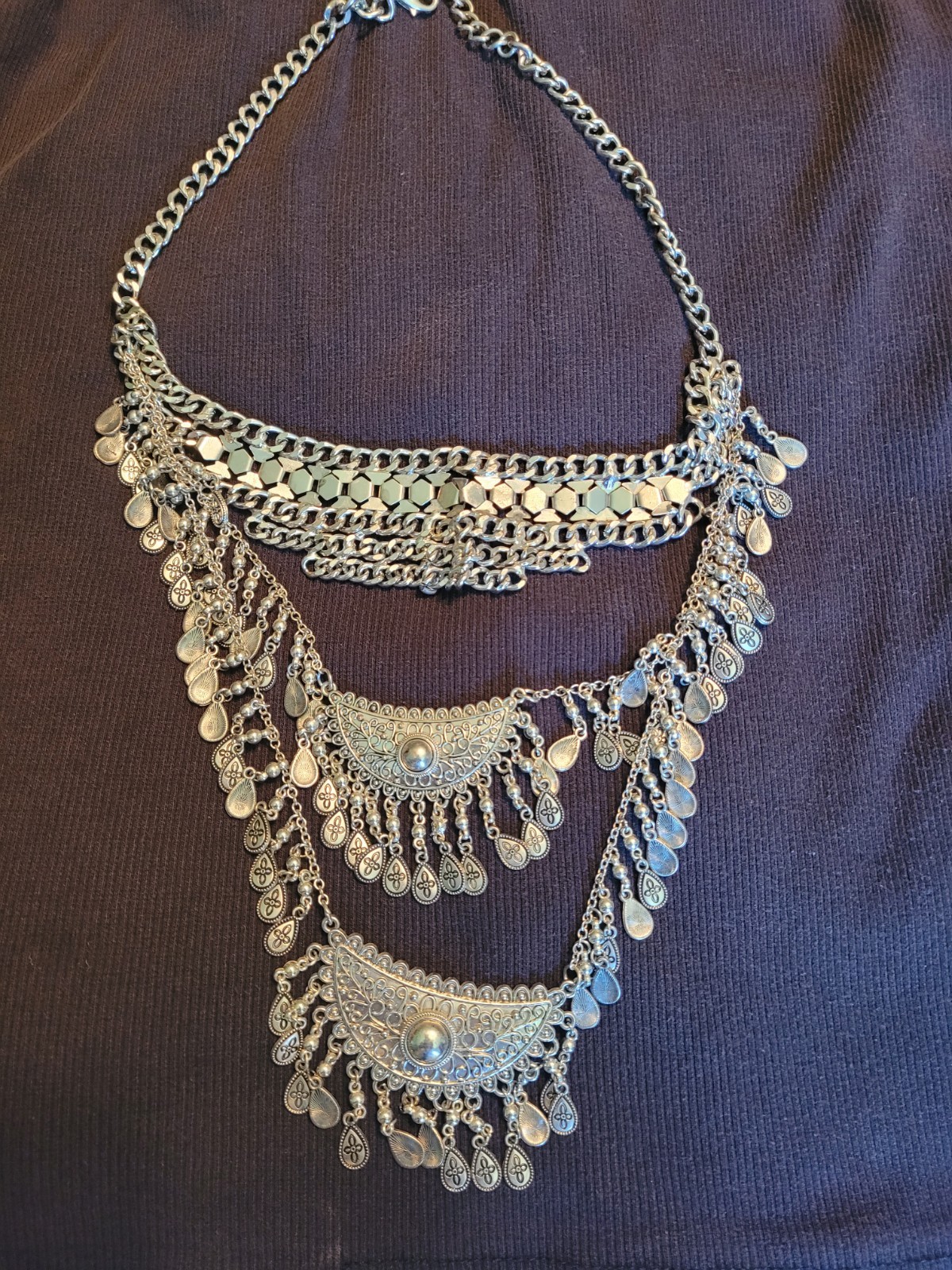 Silver Tone Layered Bib Fringe Chain Necklace, Cable Chain, No Stone