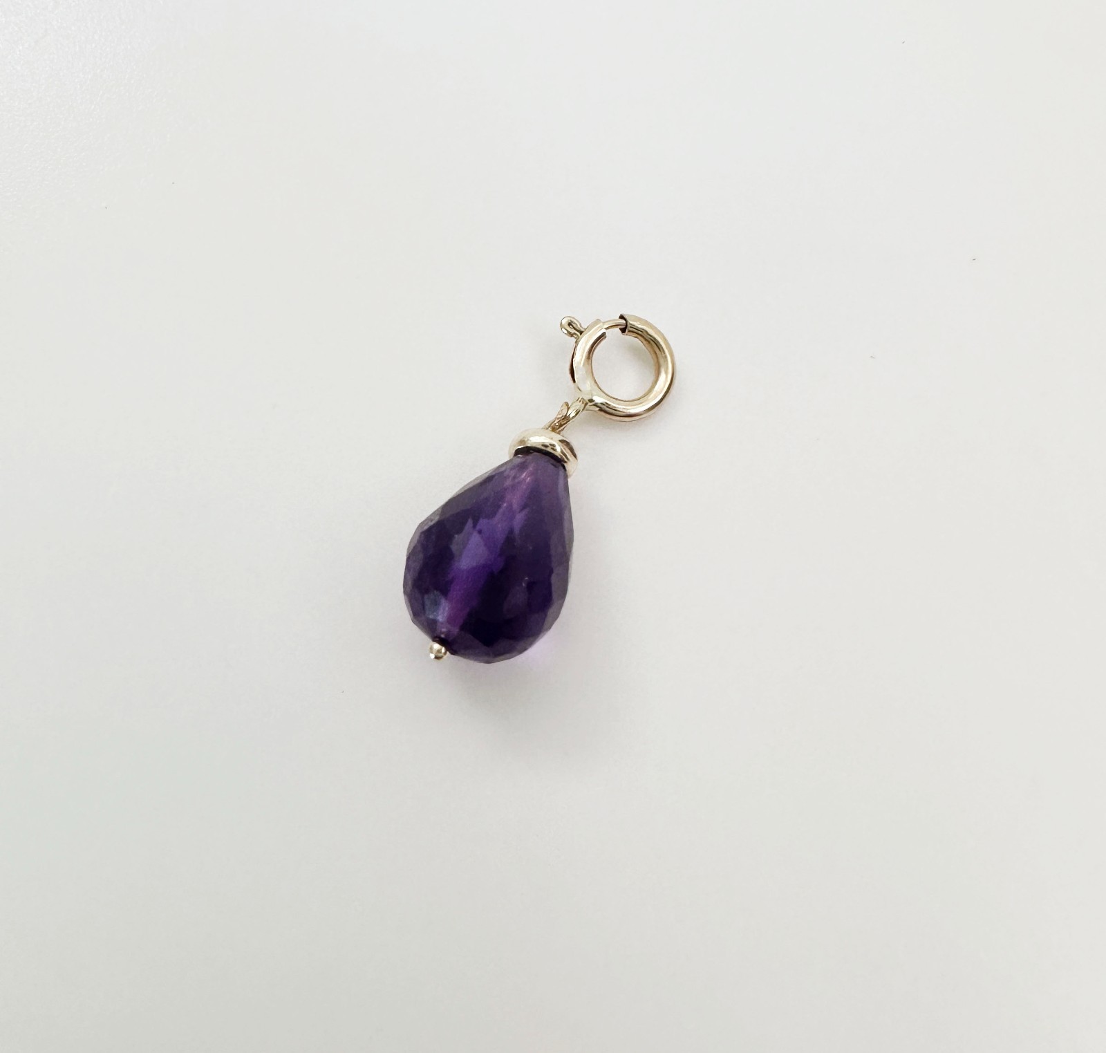 14K Solid Yellow Gold Small Amethyst Briolette Charm Pendant w/Spring Clasp