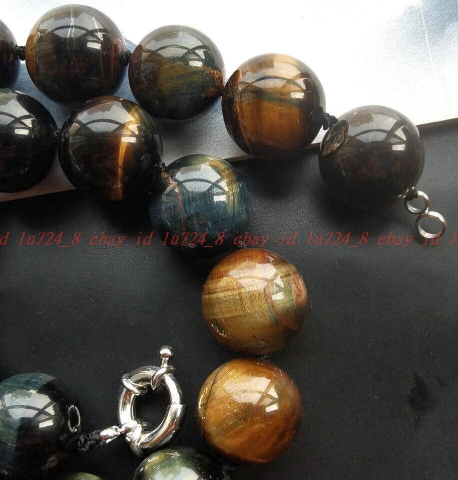 16mm/18mm Natural Blue Yellow Tiger Eye Stone Quartz Beaded Necklace 16-100″