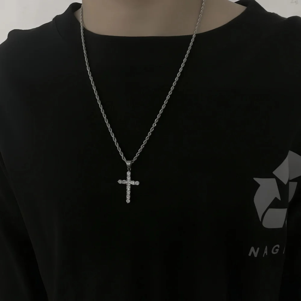 Hip Hop Stainless Steel Zircon Cross Pendant Necklace Retro Men Twist Chain Neck