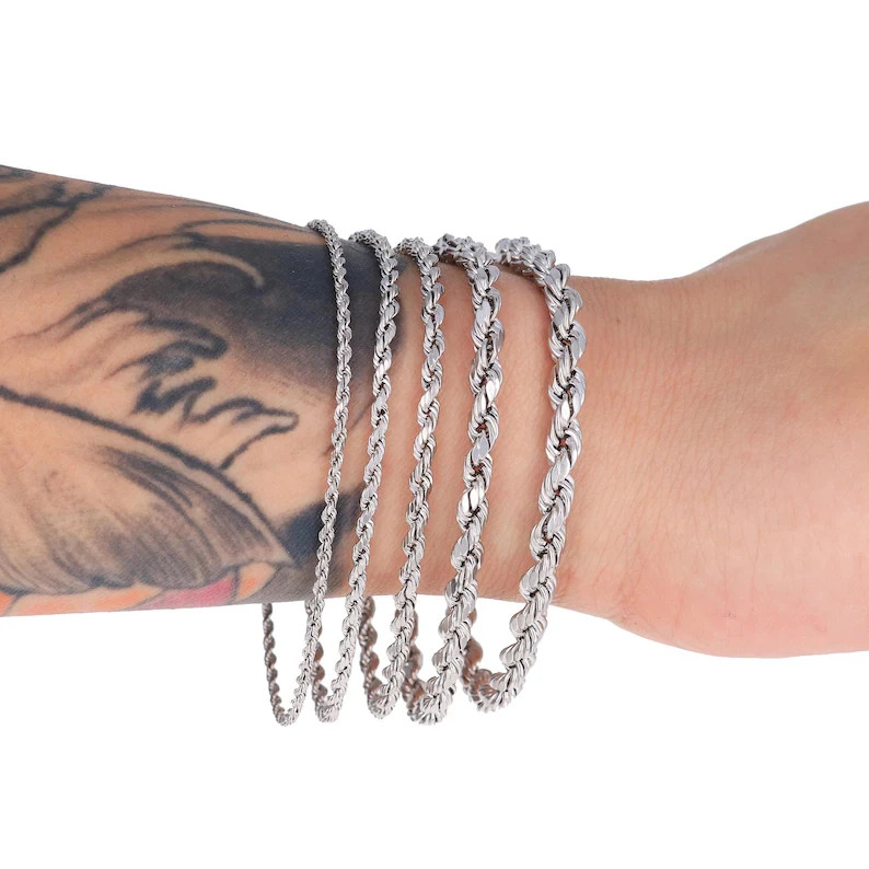 10K White Gold Rope Chain Bracelet Diamond Cut Real Gold 1mm-5mm 7-9in
