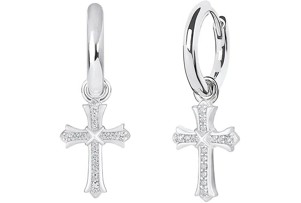 Men & Women 18K White Gold Plated CZ Cross Leverback Huggie Hoop Drop Earrings