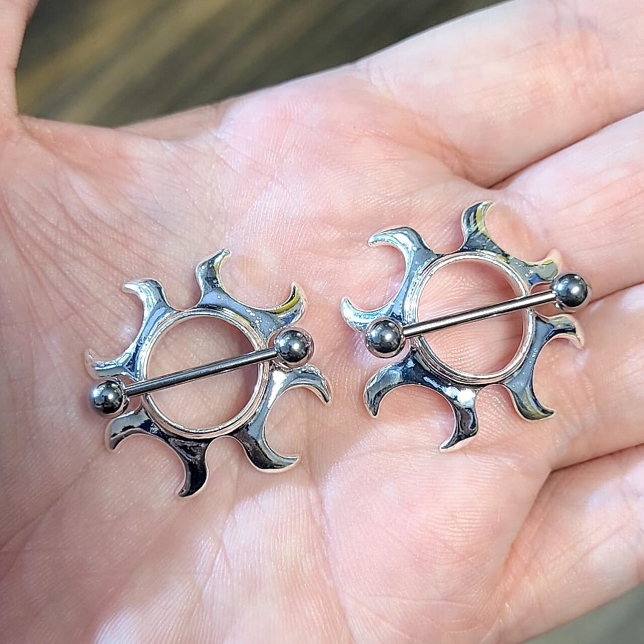 Nipple Shields Surgical Steel Tribal Sun Fire Design 14g – Sold as a pair