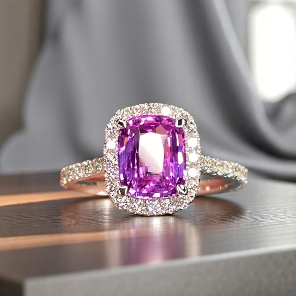Wedding Ring 2.80 Ct Lab Grown Diamond Cushion Cut Pink Sapphire 14k White Gold
