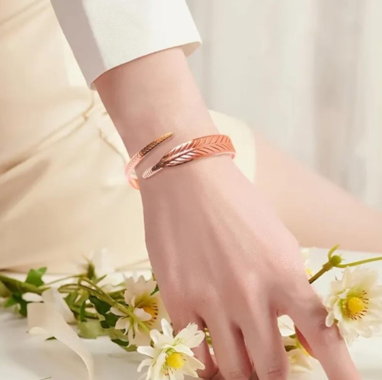 Pure Copper Feather Cuff Bracelet Adjustable Boho Open Bangle Nature Inspired