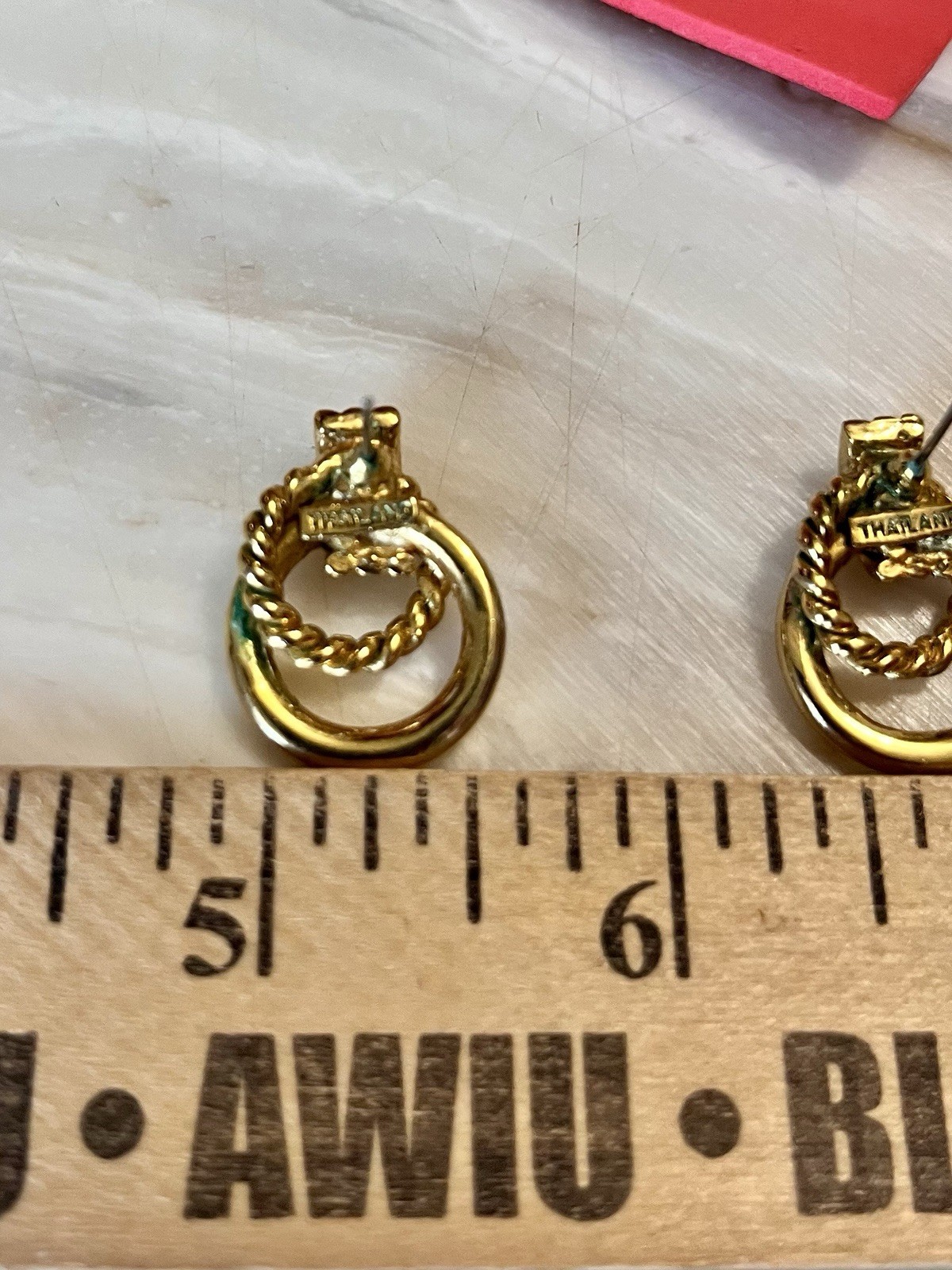 VINTAGE THAILAND SIGNED GOLD TONE METAL EARRINGS, DESIGNER ROPE STYLE, EUC