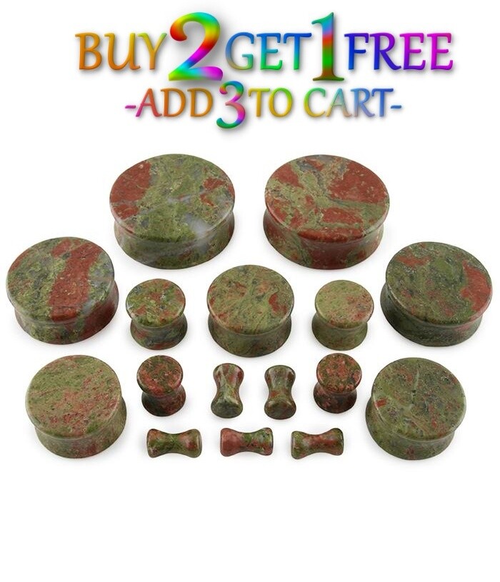 Pair 8g-1″ UNAKITE STONE PLUGS Double Flare Gauges Organic Ear Green Pink 1046