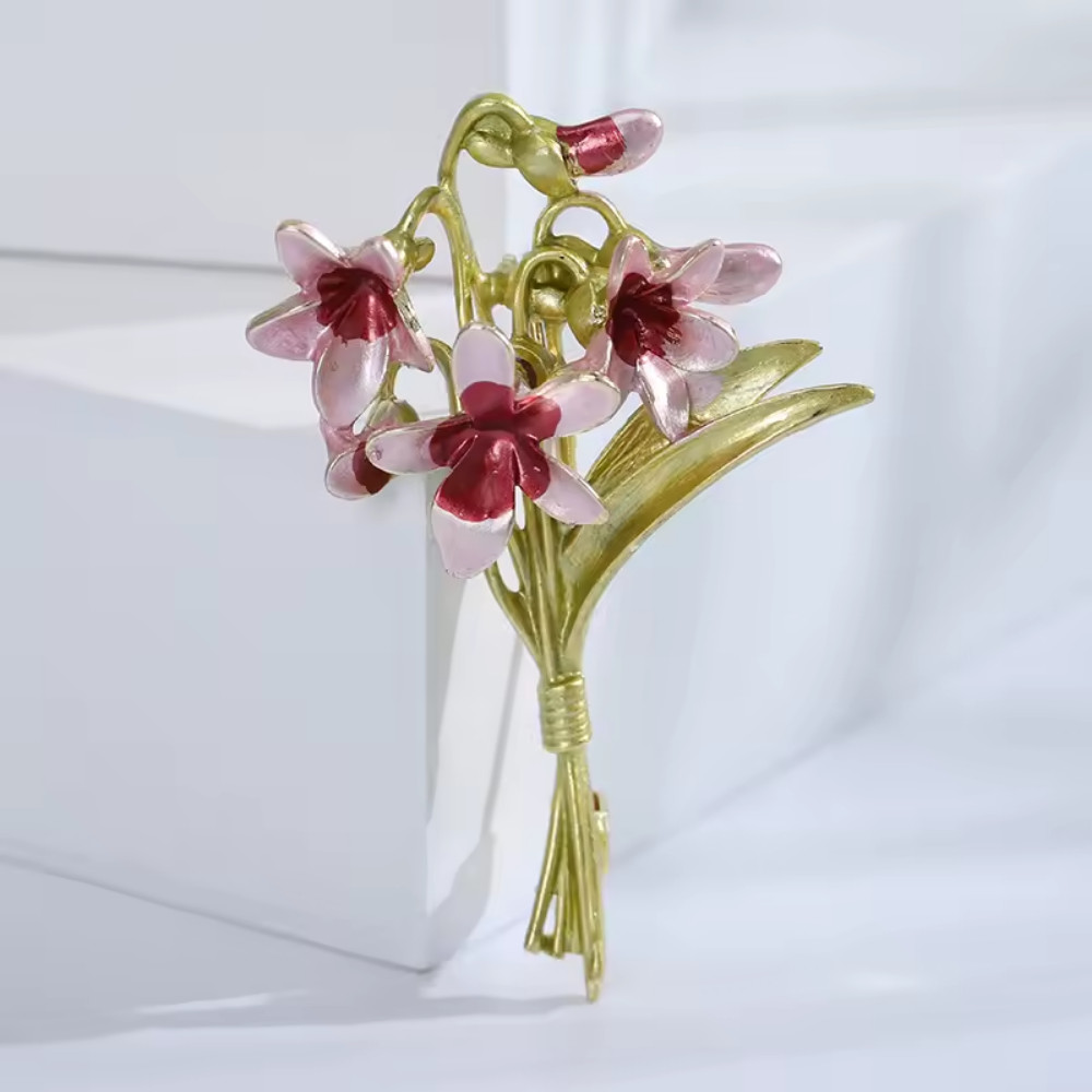 Vintage Enamel Pink Flower Bouquet Brooch Floral Gold Pin Summer Gift Jewelry