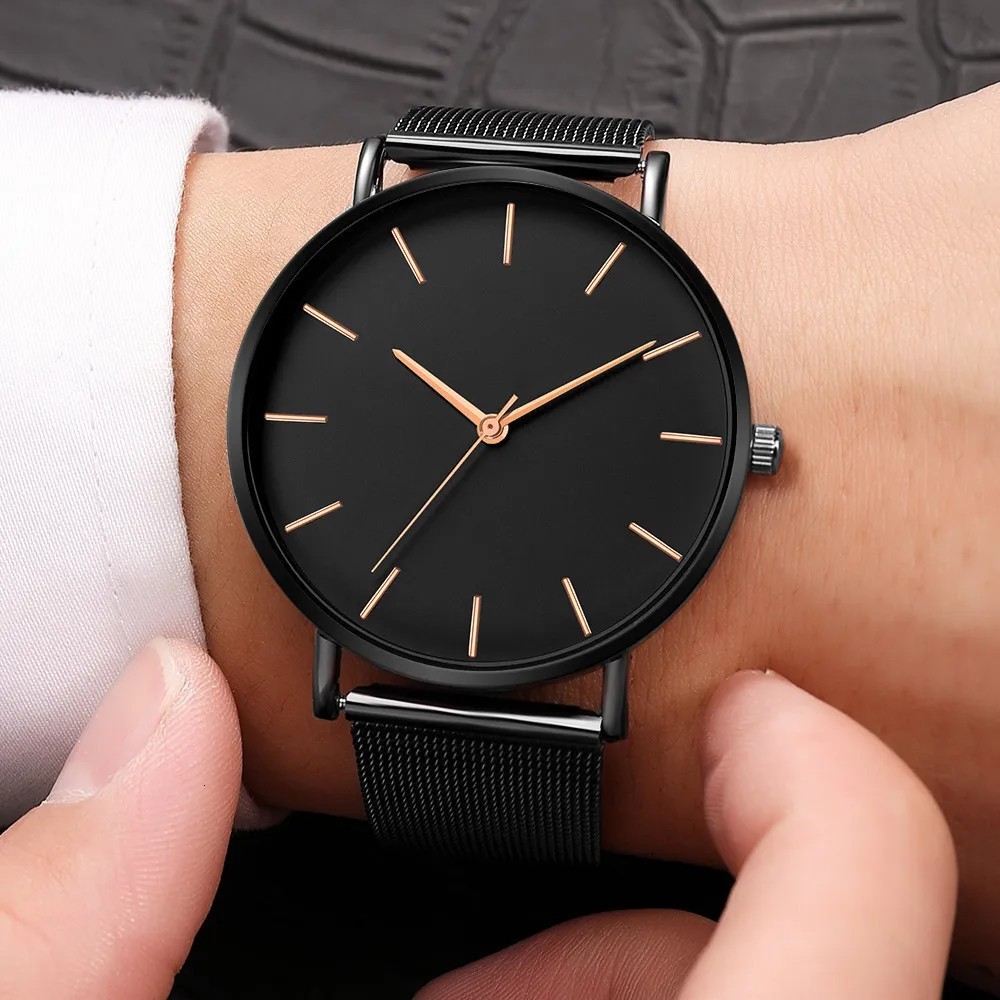 Mens Ultra Thin Quartz Watch Minimalist Stainless Steel Mesh Strap Business Watc