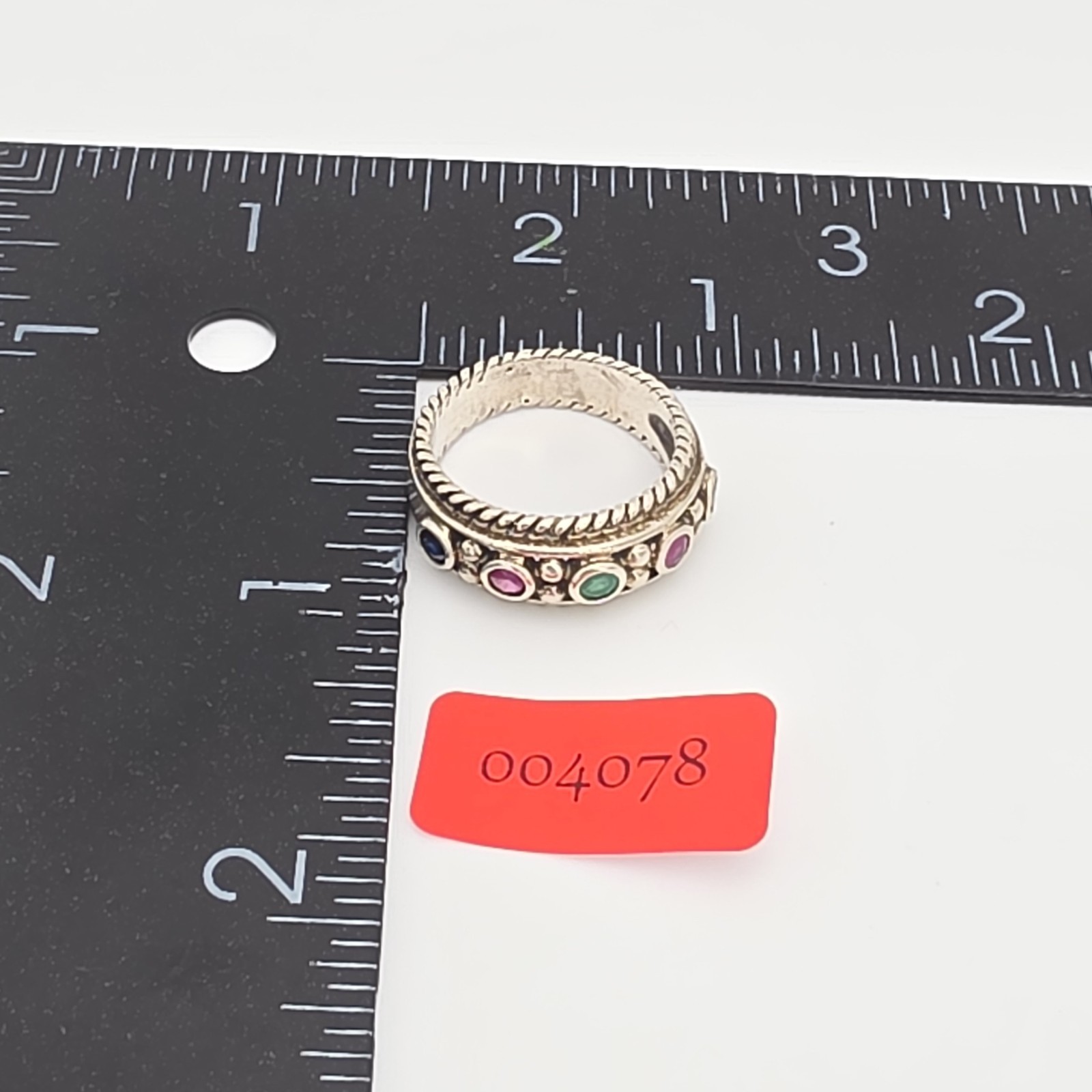 Vtg PRANDA Genuine Ruby Emerald Sapphire Ring 925 Sterling Silver Thailand Sz 8