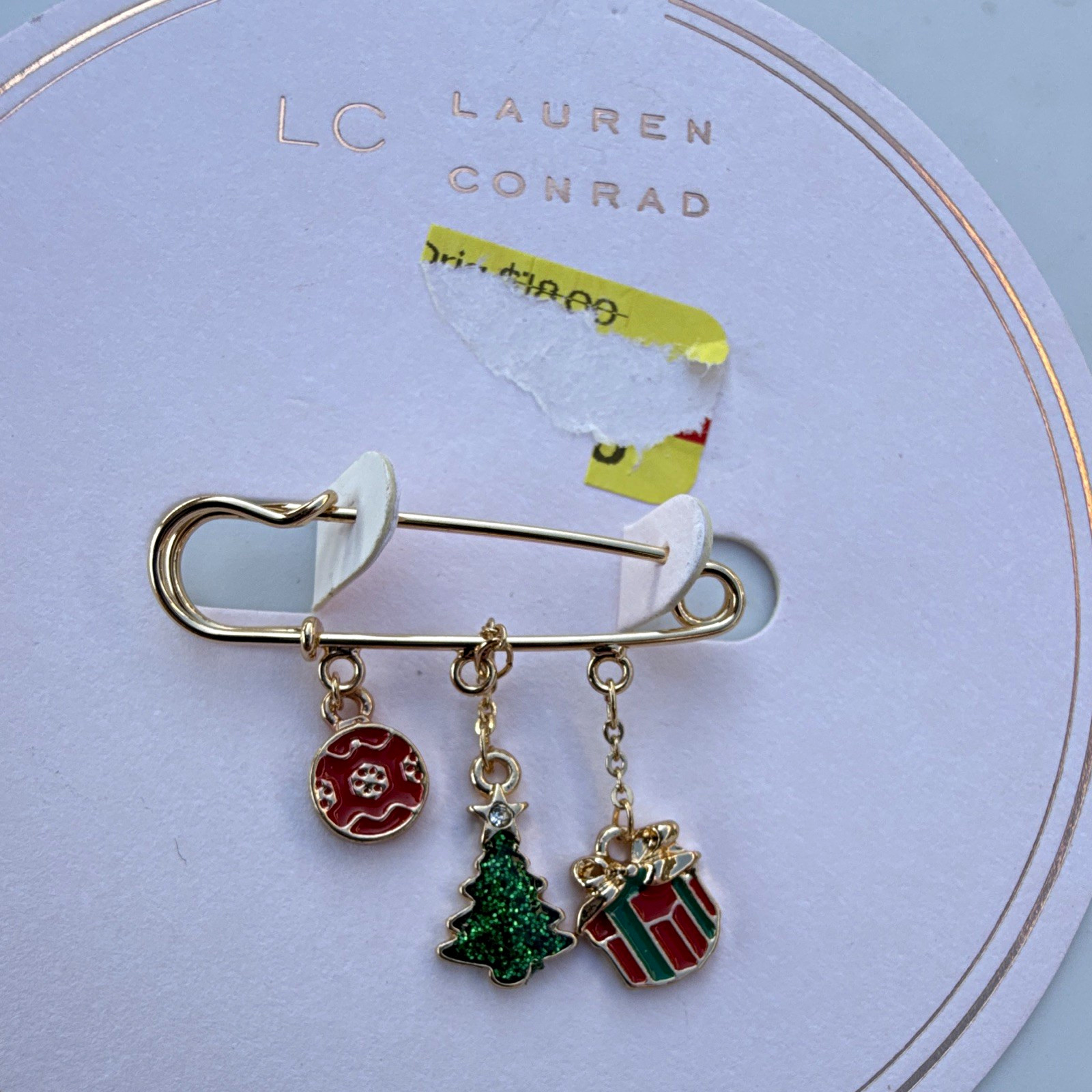 LC Lauren Conrad Gold Tone Safety Pin Dangle Enamel Charm Pin Christmas
