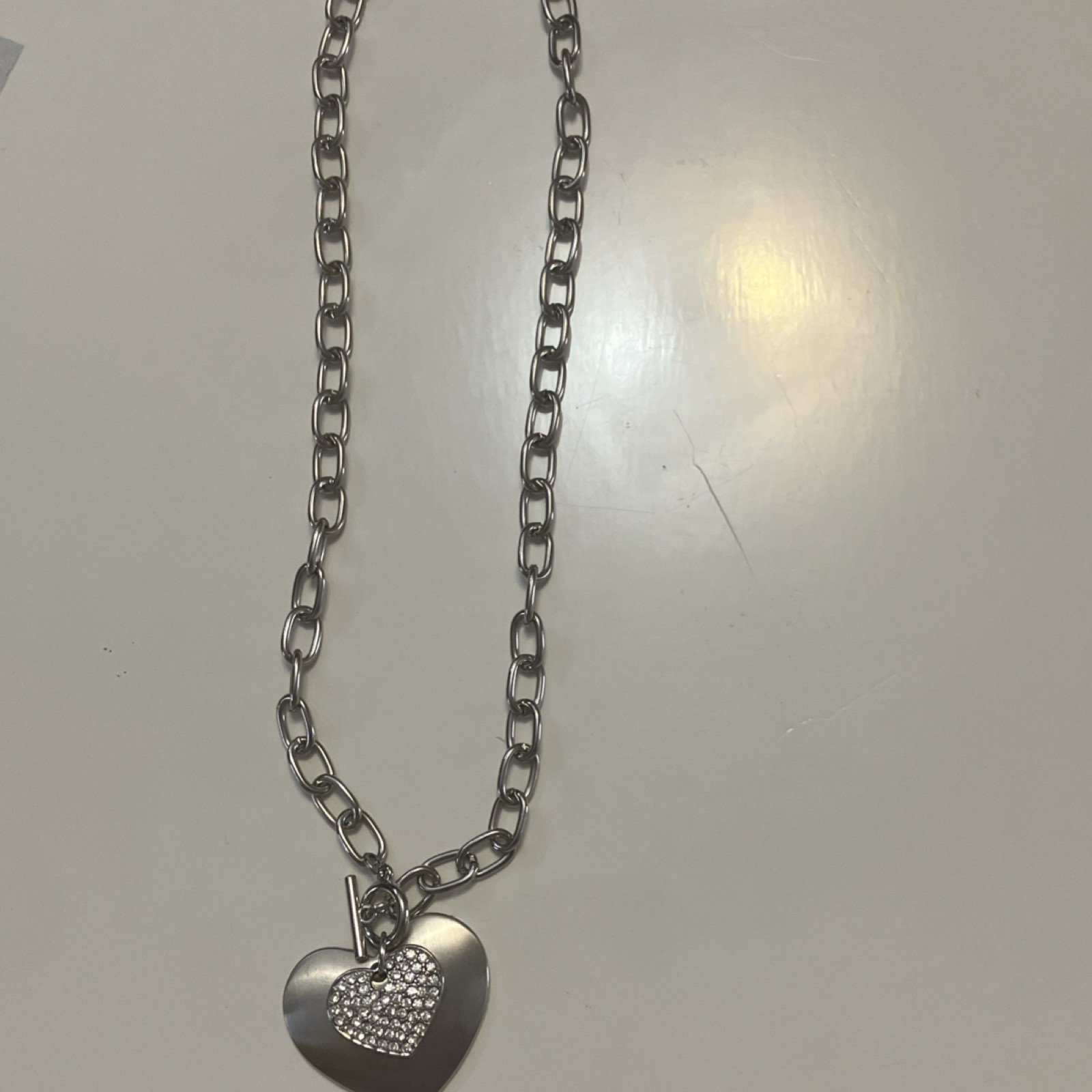 Silver Tone Heart Pendant Necklace Crystal Charm Oval Link Toggle Chain