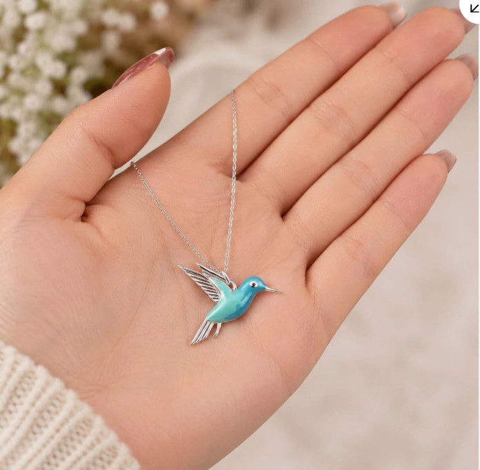 Hummingbird Pendant Necklace, Sterling Silver Chain, Turquoise Blue Enamel