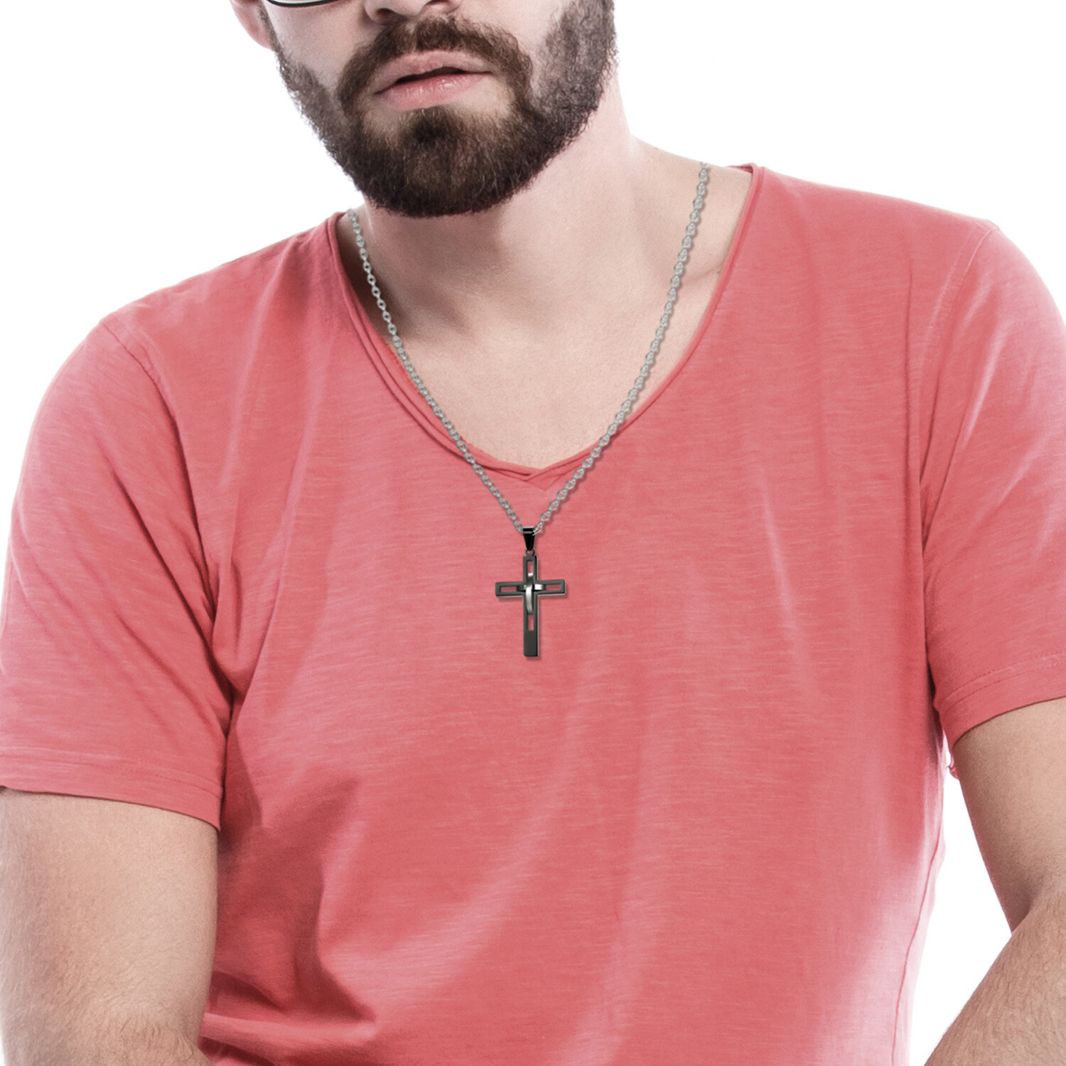 Men’s Black Silver Double Hollow Cross Stainless Steel Pendant Necklace Gift