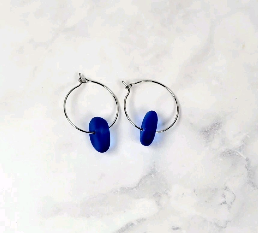Sea Glass Earrings Blue Handmade – Coastal Boho Hoop Jewelry Gift
