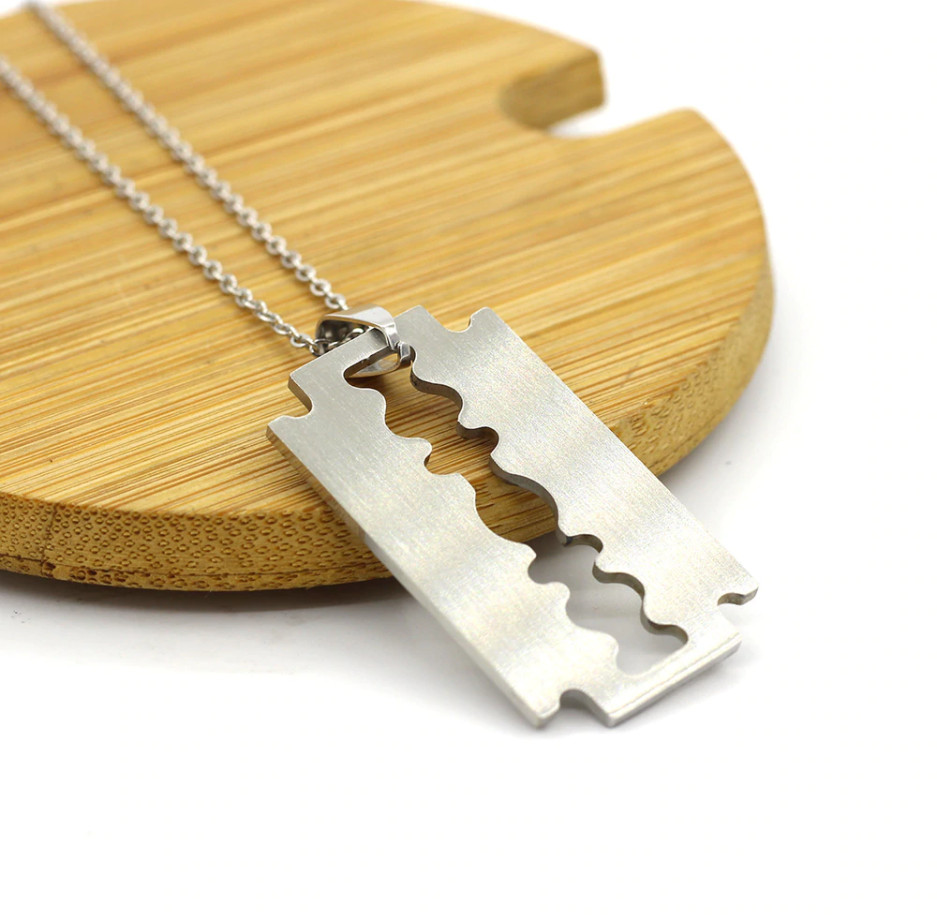 Silver Stainless Steel Silver-Tone Razor Blade Pendant Necklace