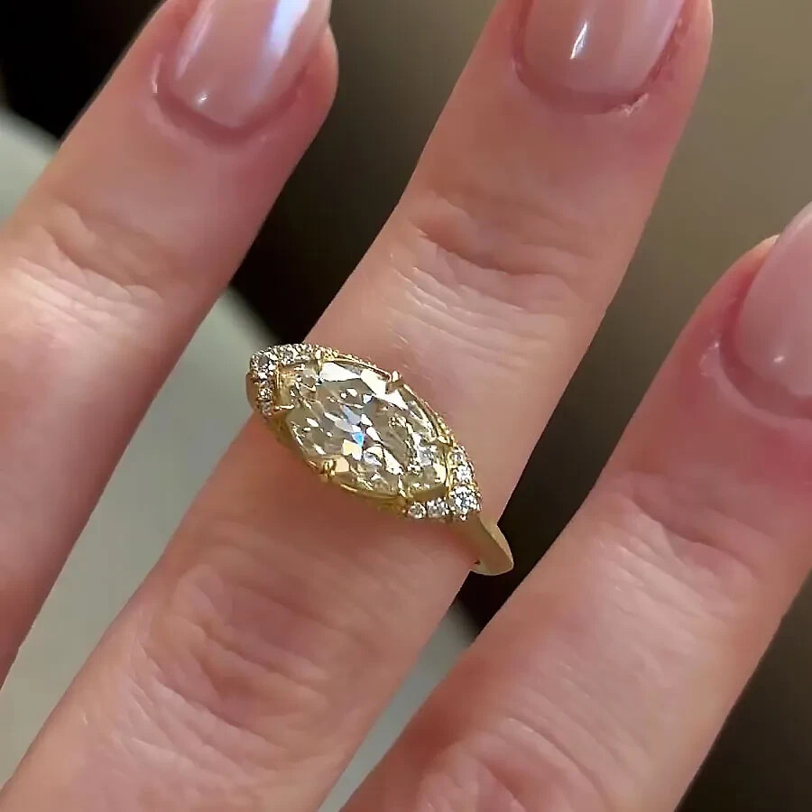 14K Yellow Gold Plated 1.00Ctw Marquise Cut Real Moissanite Women’s Wedding Ring