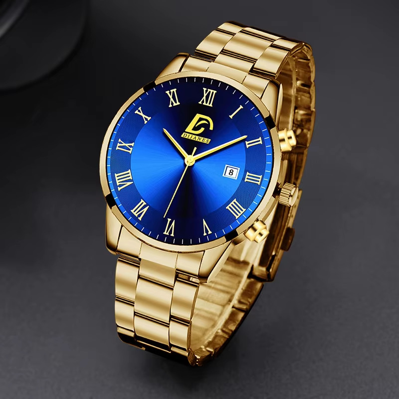 Luxury Minimalist Men’s Gold Stainless Steel Quartz Watch with Calendar