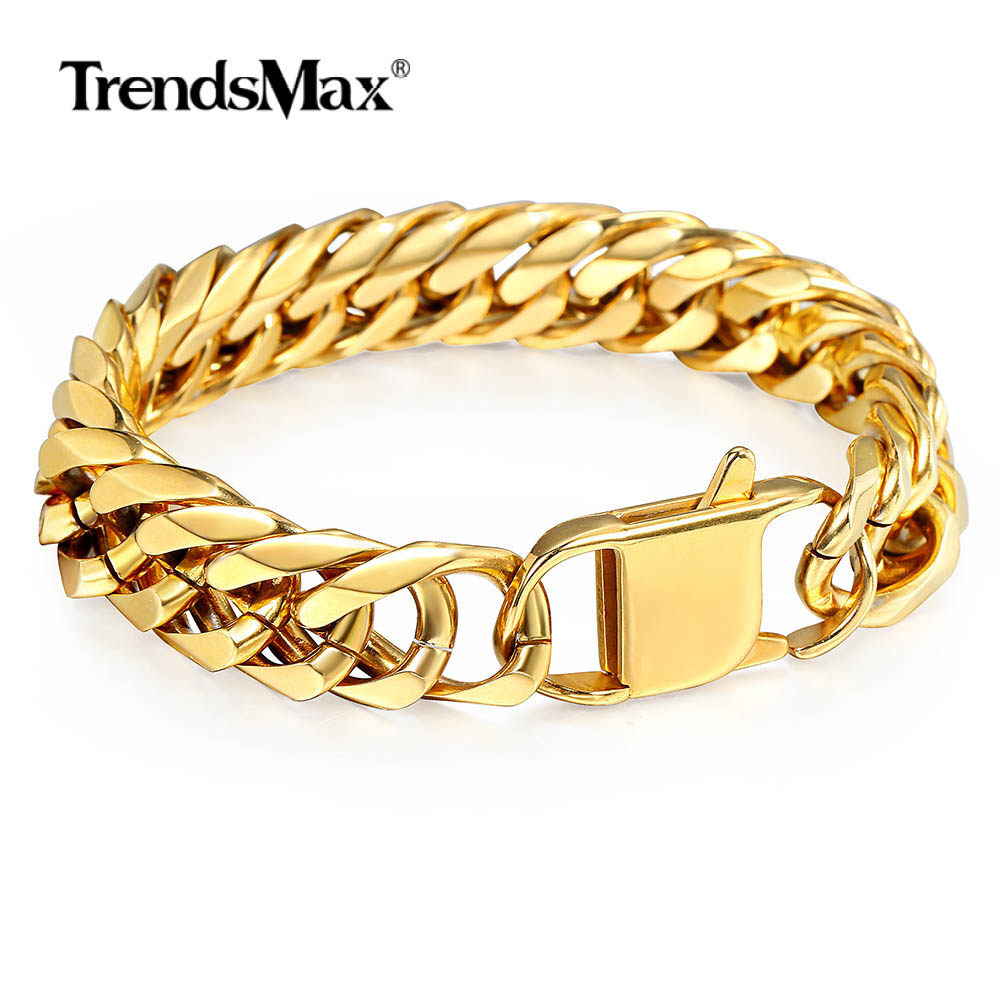 10/15mm Curb Cuban Rombo Link Bracelet Gold Plated 316L Stainless Steel Chain