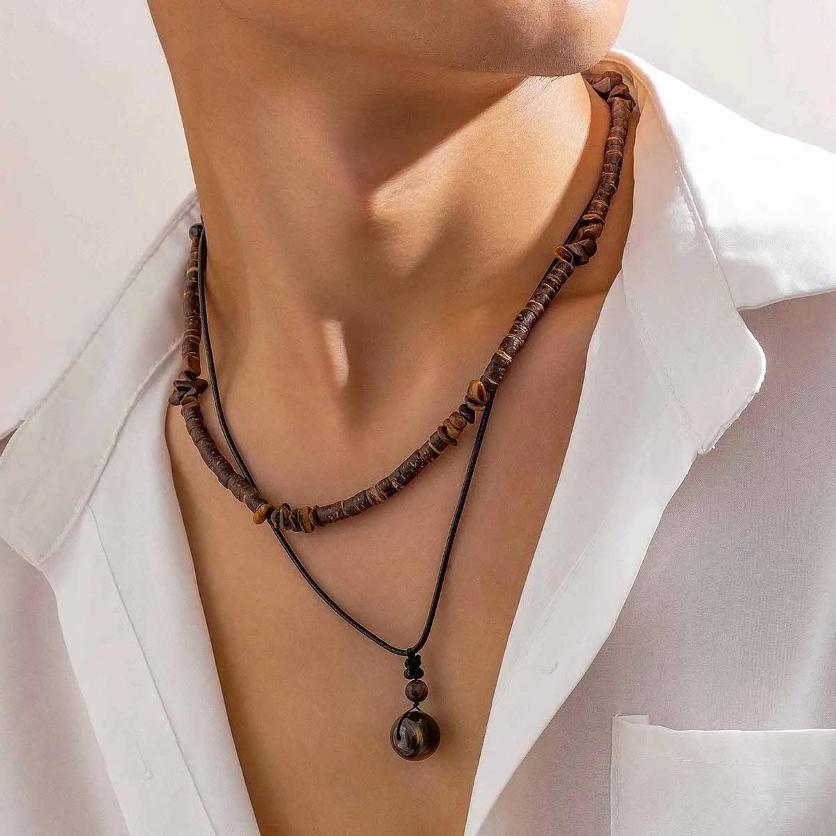 Adjustable Layered Necklace with Tiger’s Eye & Coconut – Perfect Summer Gift
