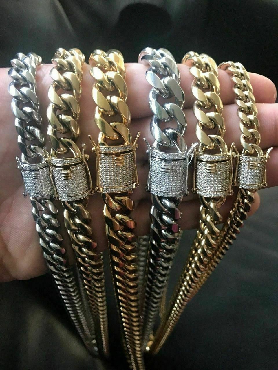 Miami Cuban Link Chain W. 1ct CZ Clasp 14k 18k Gold Plated Stainless Steel