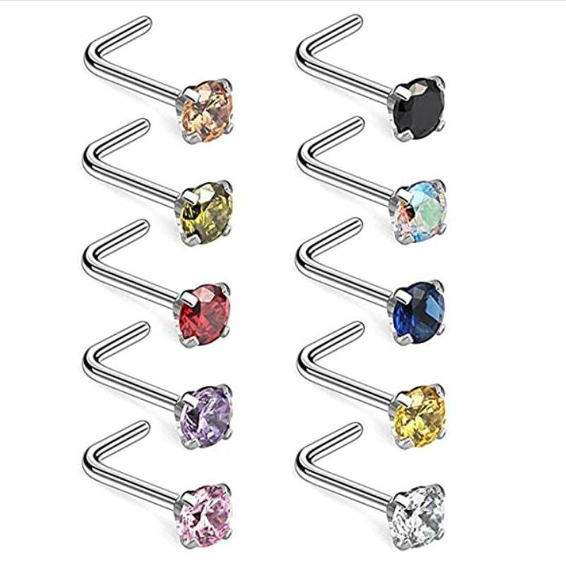 10PCS 20G Surgical Steel L Shaped Mix Color CZ Nose Stud Rings Piercing Jewelry