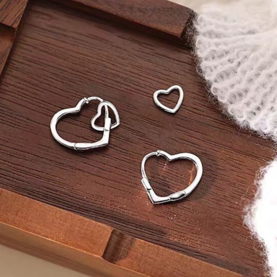 Silver Plated Alloy Detachable Double Hearts Interlocking Huggie Dangle Earrings