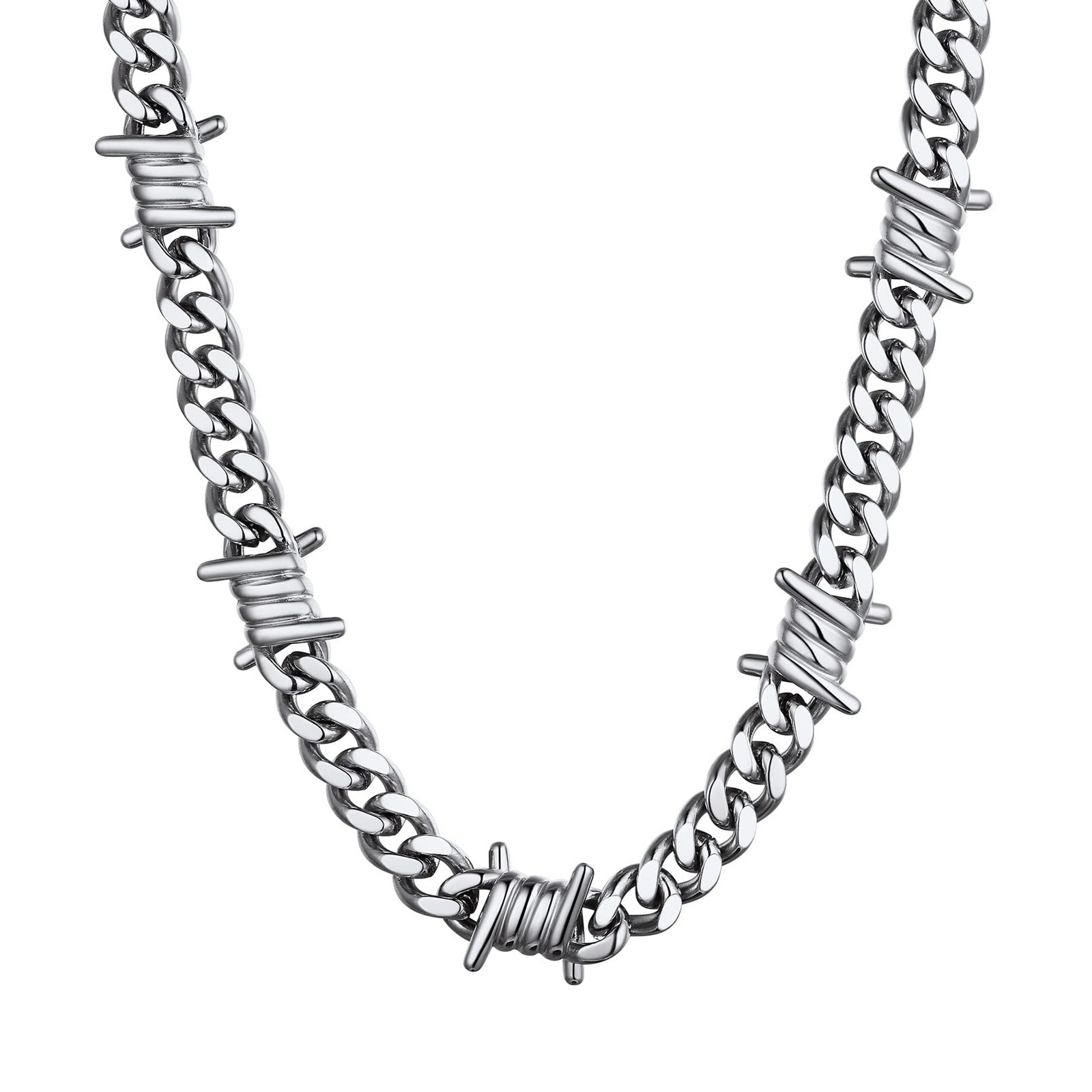 Silver Barbed Wire Chain Necklace 22 Inch Chunky Big Thick Stainless Steel Th…