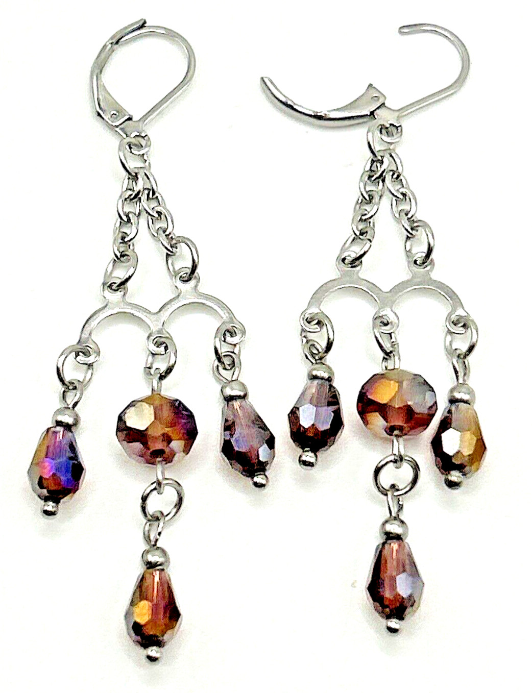 Purple Wine Glass & Stainless Steel Chandelier Dangle Drop Leverback Earrings