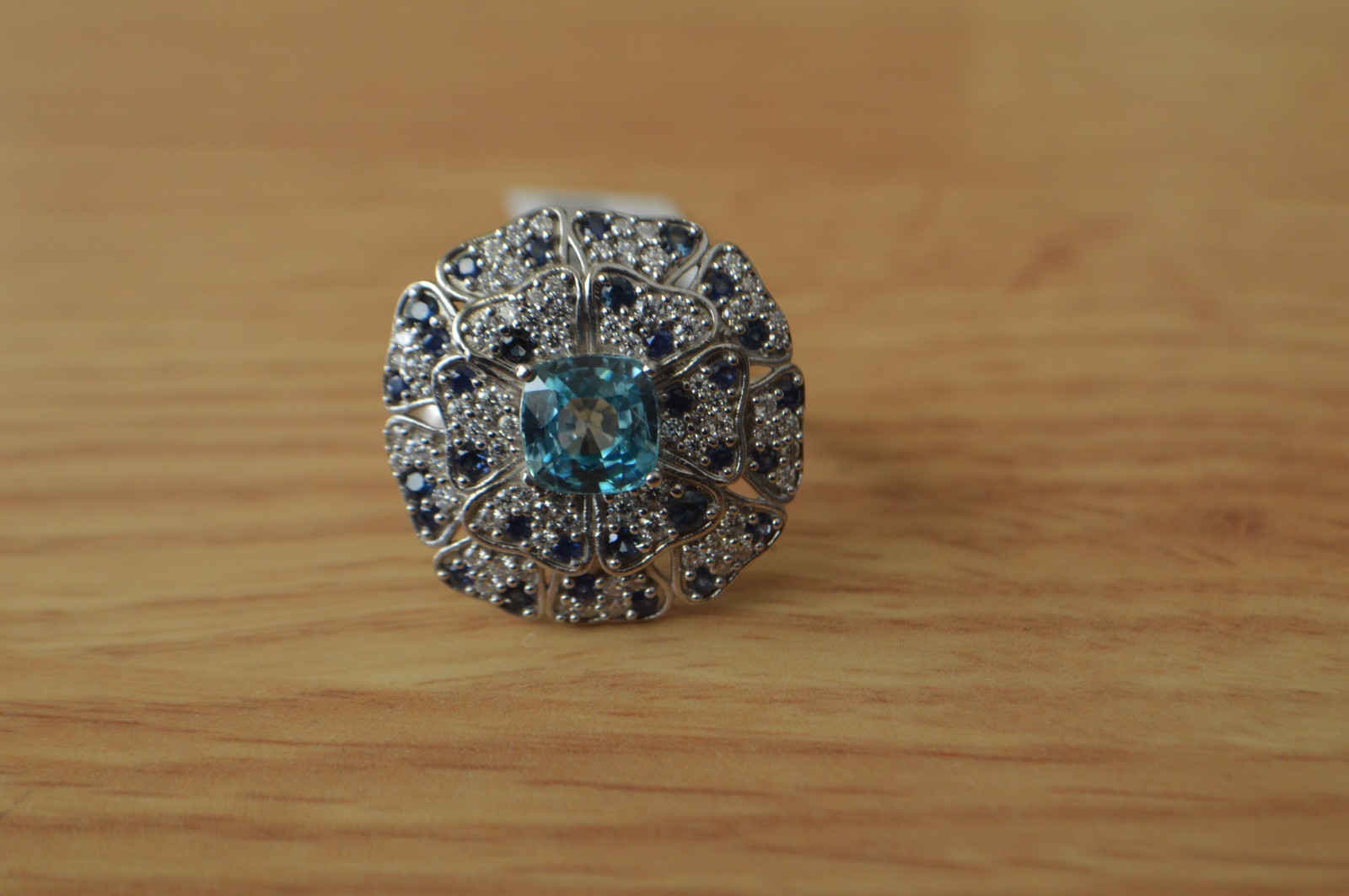 4.10ct Cambodian Blue Zircon /Multigem Ring Rhodium Plated over Fine Silver Sz 9