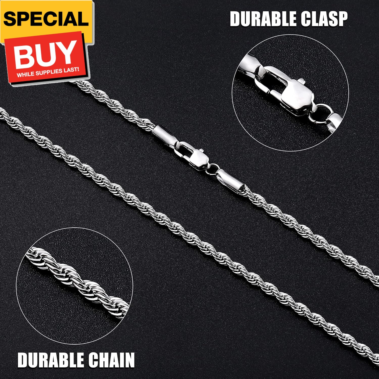 3mm Rope Chain Necklace for Men, Silver Tone Mens Chain Necklace, Stainless Stee