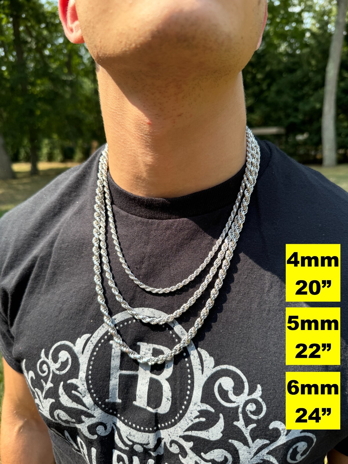 Real Solid 925 Silver W. Rhodium Finish Rope Chain 1.5-6mm Necklace Mens Ladies