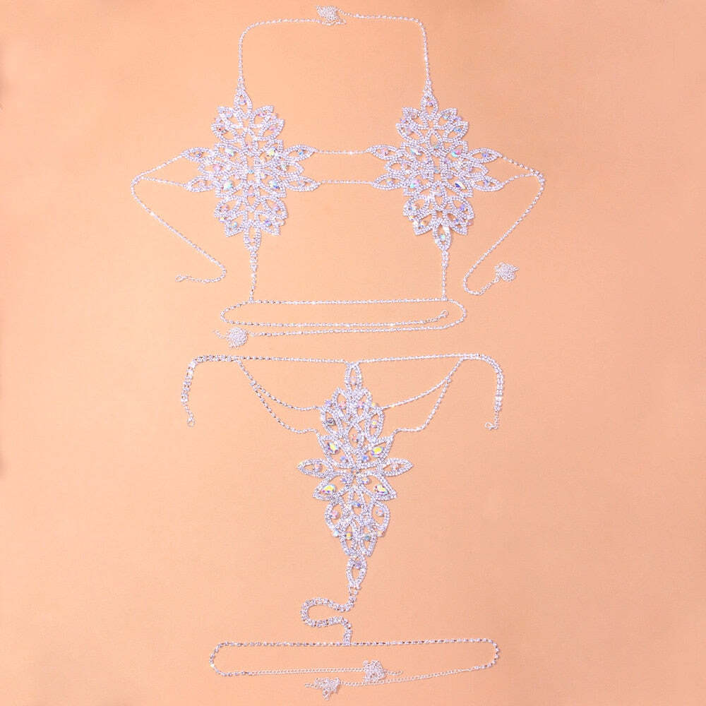 Rhinestone Crystal Harness Bra Pantie Thong Lingerie Set Shiny Bikini Sexy Body