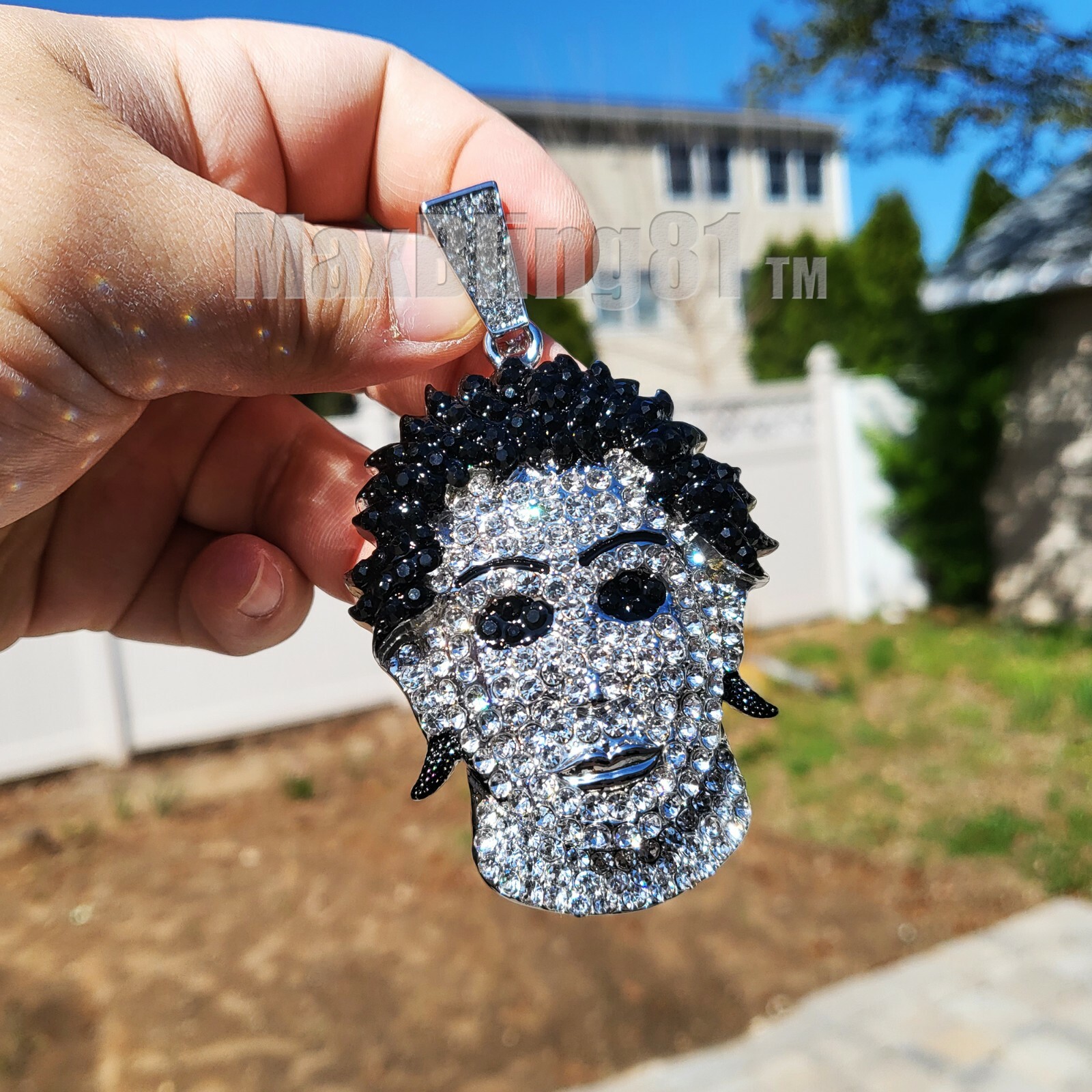 Large Silver Plated Alloy Killer Mask Pendant & Cubic Zirconia Chain Necklace