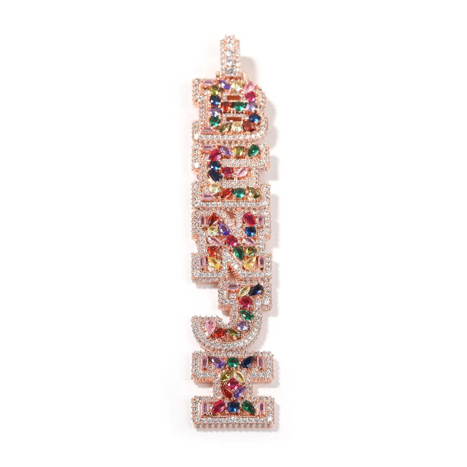 5AAA+ CZ Multicolor Ice Out Hop Hip Bling Vertical Mixed Inlay Letter Pendant
