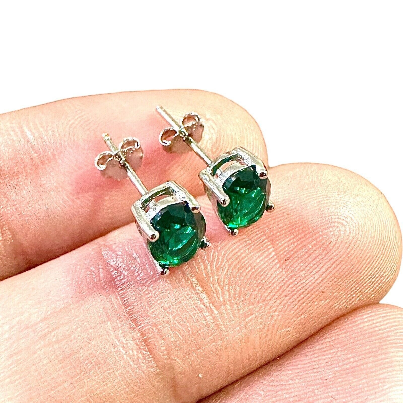 Genuine Emerald Round Basket Set Stud Earrings in Sterling Silver