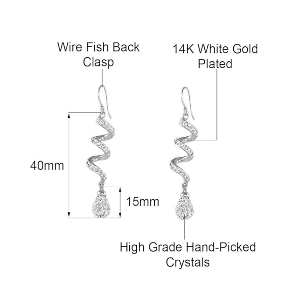 14K White Gold Plated White Spiral Shape Crystal Drop Dangle Hook Earrings