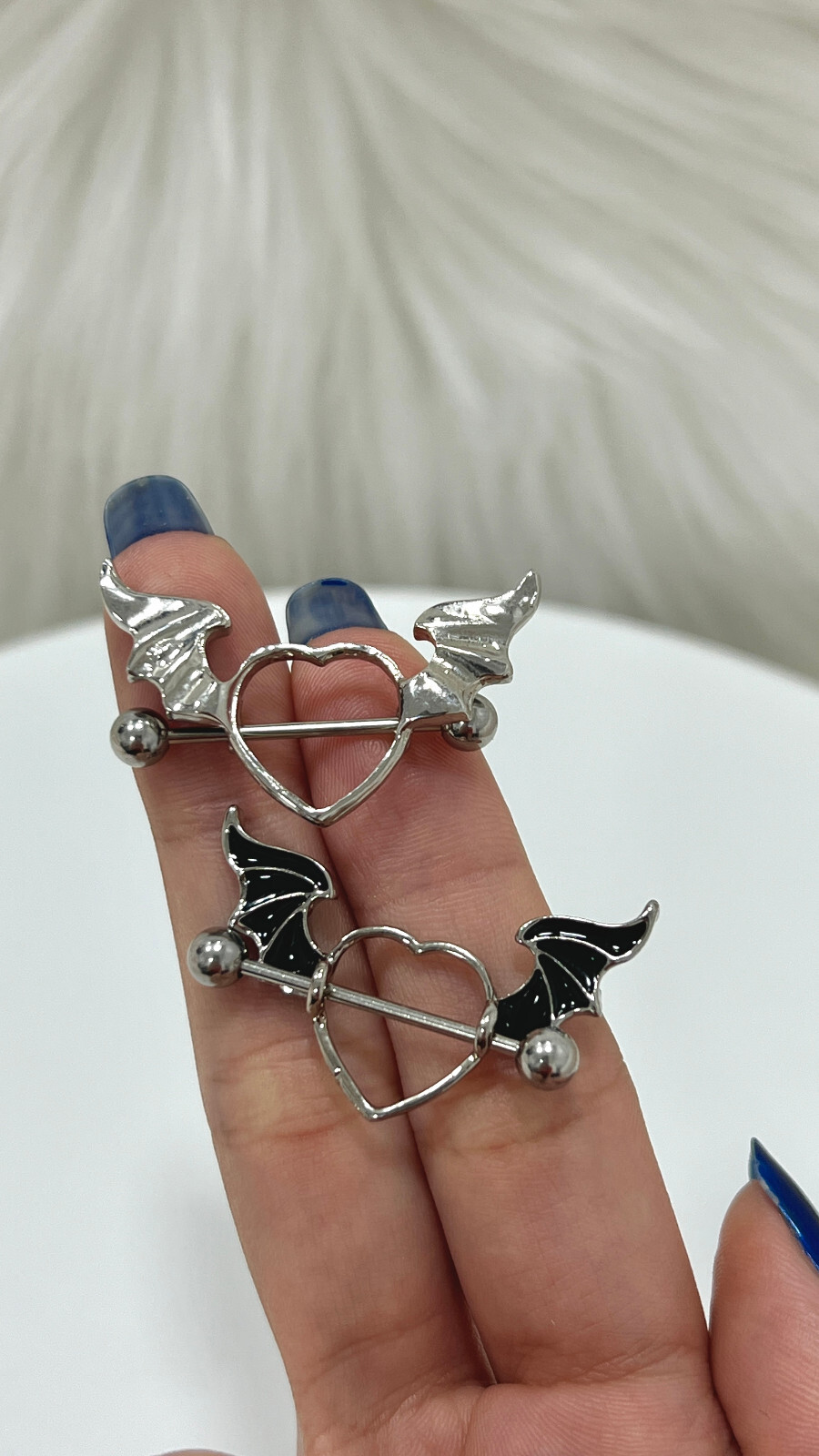 Nipple rings Barbells surgical steel Heart wings design Sold as a pair
