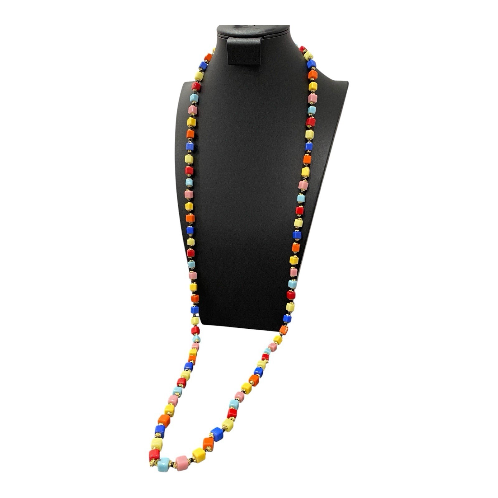 Vtg 1930s Czech Harlequin Glass Cube Bead Flapper Rope Necklace Art Deco 49″